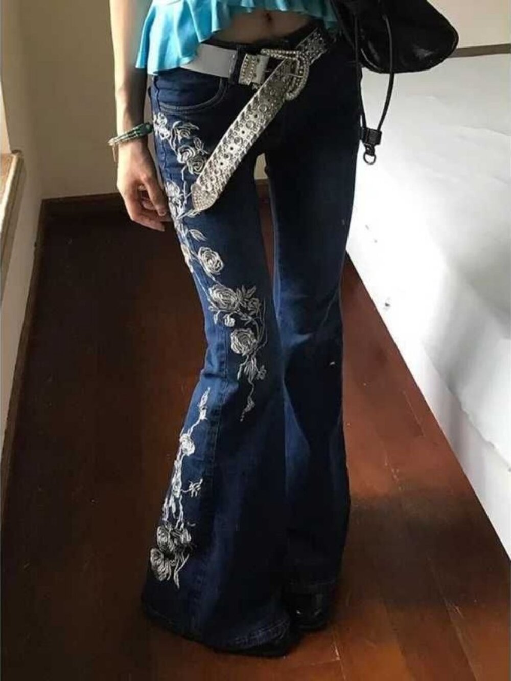 Y2K Rose Embroidered Micro Flare Jeans Dark Blue High Waist Bell Bottom